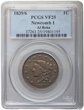 1839/6 1C Overdate VF25 PCGS