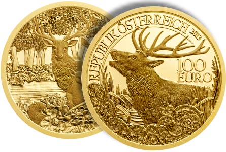 100 Euro, KM# 3225, Gold, Austrian Wildlife - Red Deer