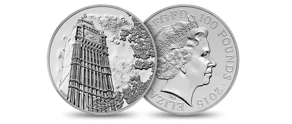 Obverse and reverse of the "Big Ben" £100 silver coin.