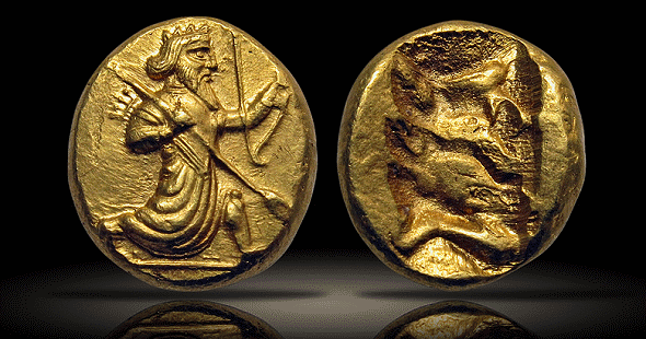 Imperio aqueménida, tiempo desde Jerjes II hasta Artajerjes II, c. 420 a 375 a.C. Daric (oro, 16x14 mm, 8,37 g), Sardis.