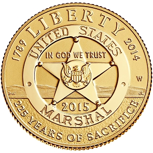 The United States Mint will sell the new U.S. Marshals Service commemorative clad, silver and gold coins at the January 29 - 31, 2015 Long Beach Expo. This image is the obverse of the proof gold $5 denomination coin.  (Photo credit: United States Mint.)
