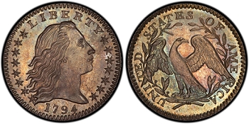 Graded PCGS SP-67, this 1794 Flowing Hair Half Dime from the D. Brent Pogue Collection will be displayed at the January 2015 Long Beach Expo. (Photo credit: PCGS.)