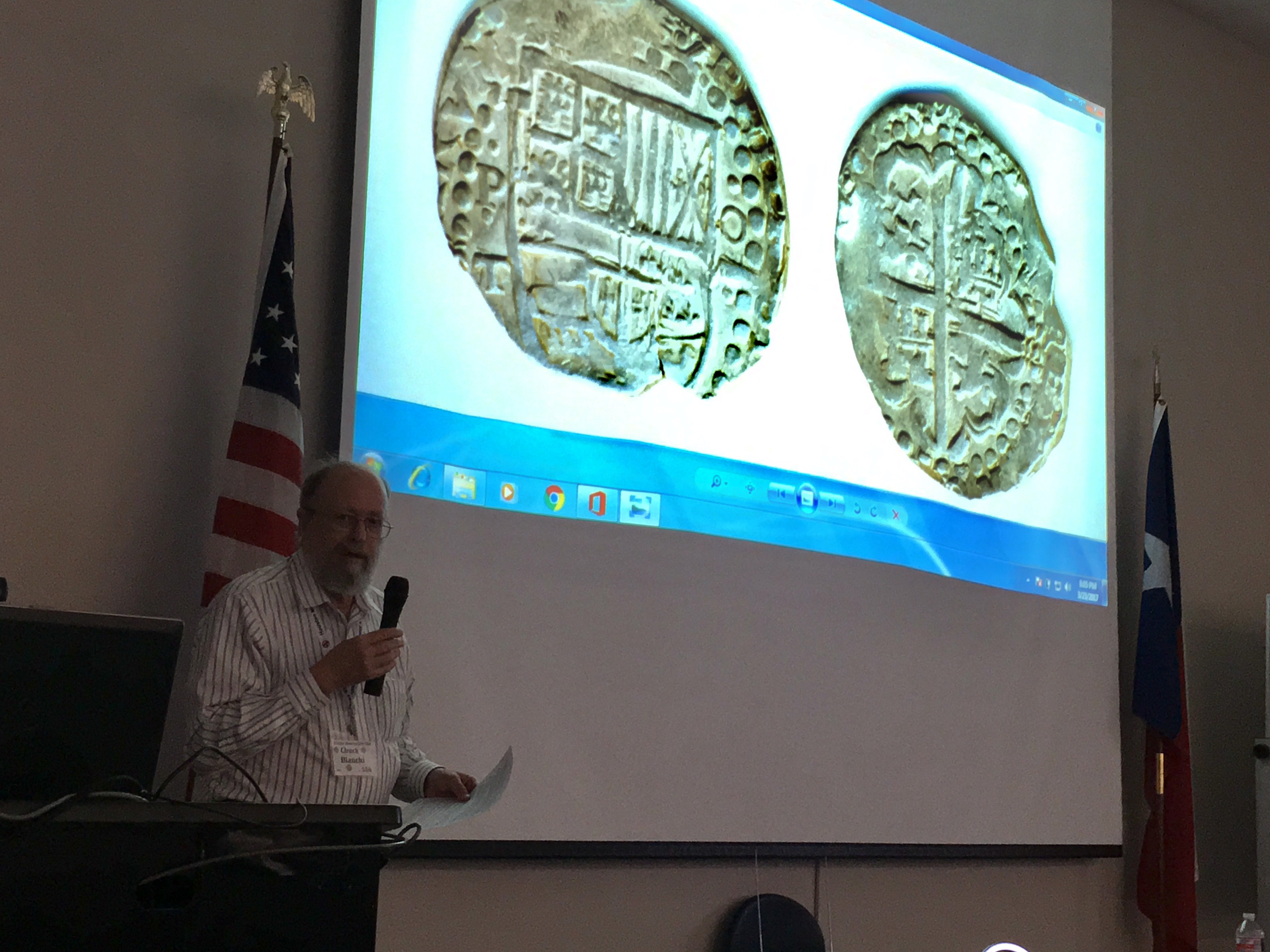 GHCC club member David "Chuck" Bianchi assists Mr. de Leon Tallavas with his presentation about the 1st Intl. Convention of Historians & Numismatists at the march 2017 club meeting