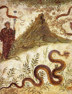 Fresco of Bacchus and Agathodaemon with Mount Vesuvius, as seen in Pompeii's House of the Centenary.