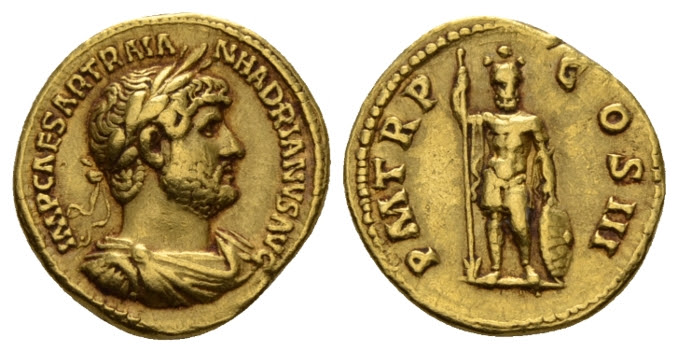 Hadrian (ruled 117-138).  Aureus 119-122.