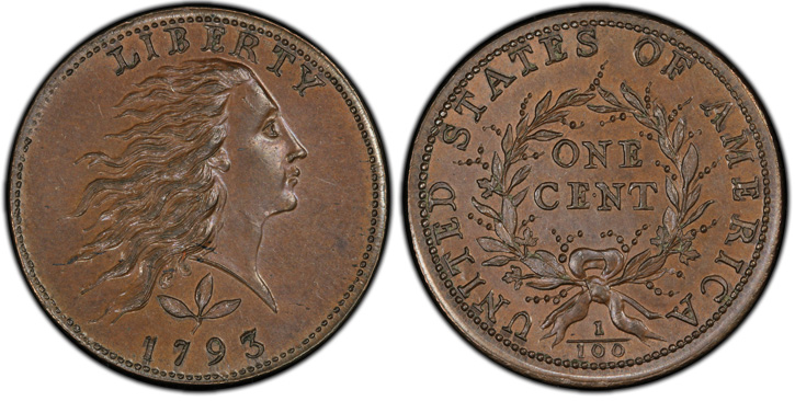 1793 Flowing Hair Cent. Sheldon-5. Rarity-4. Wreath. Vine and Bars Edge. Mint State-66 BN (PCGS). Courtesy Stack's Bowers Galleries, Pogue III Sale