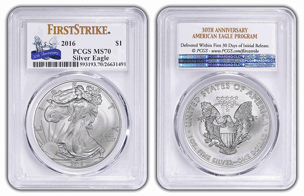 The PCGS 30th anniversary label for silver (shown here) and gold 2016 First Strike American Eagles.