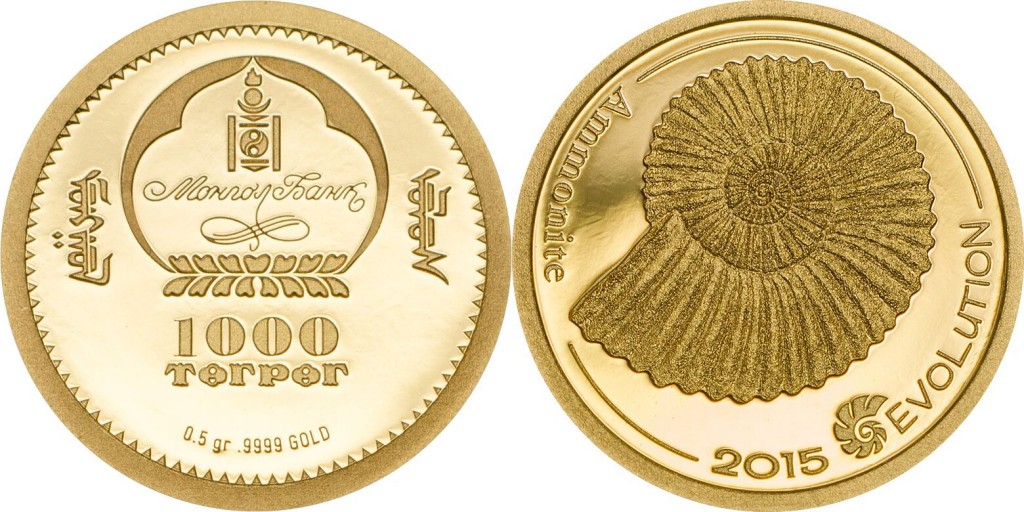 Mongolia, gold 1000 togrog. Evolution of Life 2015 - Ammonite. Coin Invest Trust, Mayer Mint