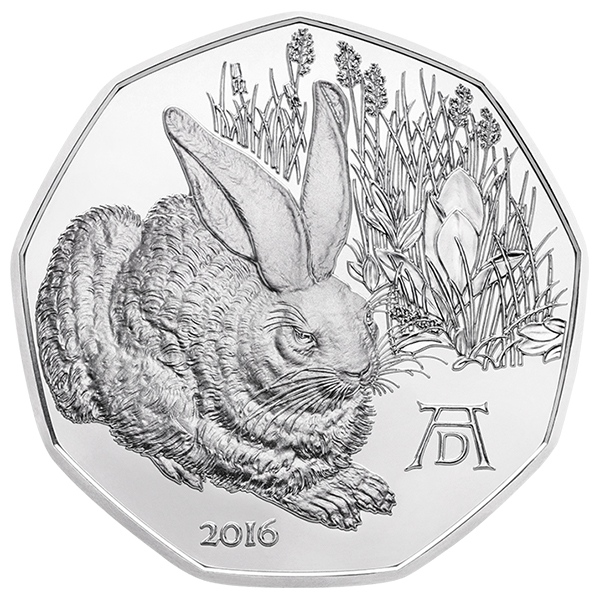 Austria 2016 Albrecht Durer's Hare 5 euro silver uncirculated coin, courtesy Austrian Mint