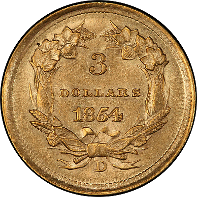1854-D Three-Dollar Gold Piece. Mint State-62 (PCGS).