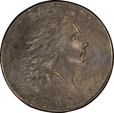 1793 Flowing Hair Cent. Sheldon-1. Chain, AMERI. Mint State-61 BN