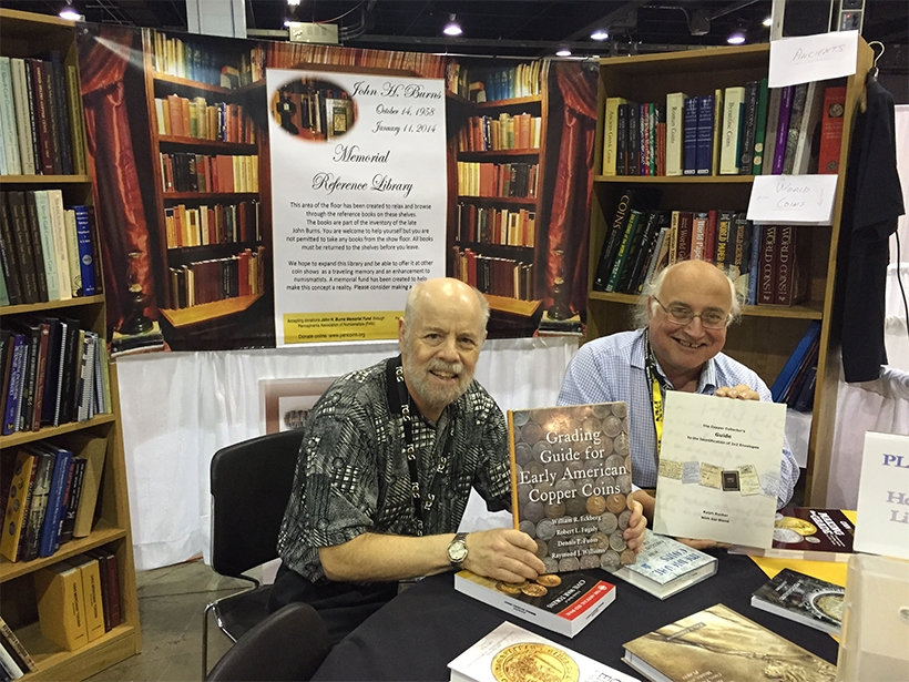 Denis Loring and library curator Ed Krivoniak at the John Burns Memorial Traveling Library, 2015