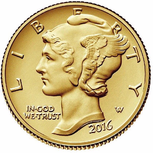 obverse, 2016 Mercury Dime Gold Coin