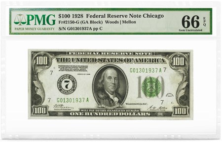$100 1928 FRN Chicago, PMG Graded 66 Gem Uncirculated EPQ. Image courtesy PMG