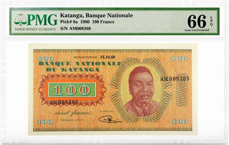 African Banknotes - Katanga, Banque Nationale, Pick# 8a, 1960 100 Francs, PMG Graded 66 Gem Uncirculated EPQ, front