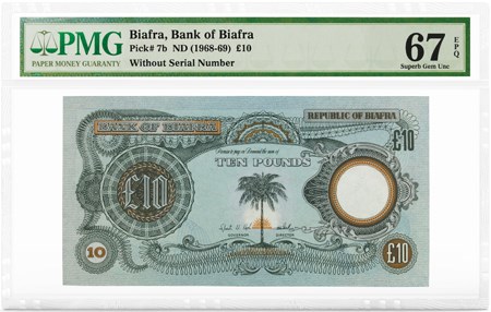 African Banknotes - Biafra, Bank of Biafra, Pick# 7b, ND (1968-69) £10, PMG Graded 67 Superb Gem Unc EPQ, front