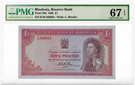 African Banknotes - Rhodesia, Reserve Bank, Pick# 28d, 1968 £1, PMG Graded 67 Superb Gem Unc EPQ, front