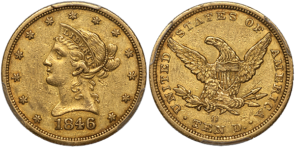 "1846/5-O" $10.00 PCGS EF45 CAC - US Gold Coin