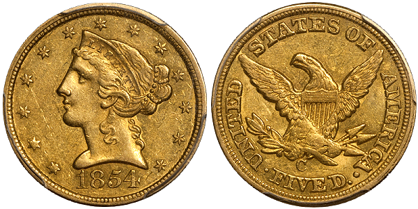 1854-C $5.00 PCGS AU58 - US Gold Coin