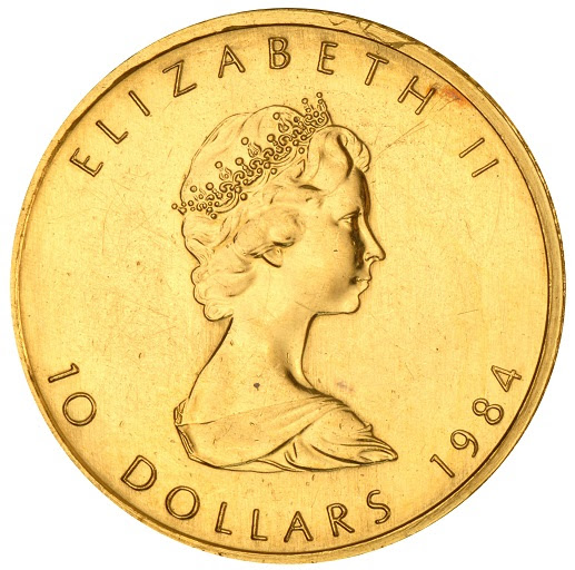 1984 Canada 10 dollar quarter-ounce .9999 gold Maple Leaf. Image courtesy ANA