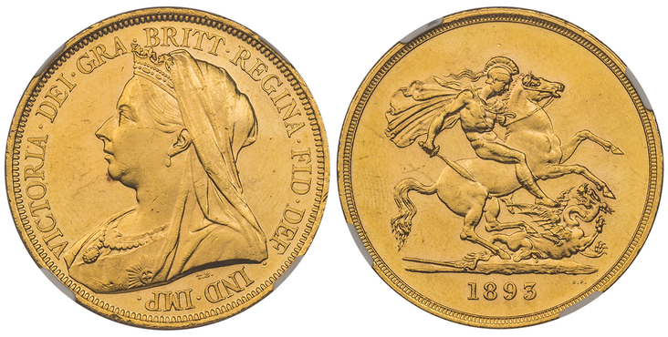 GREAT BRITAIN. Victoria. (Queen, 1837-1901). 1893 AV Five Pounds. NGC MS64. Images courtesy Atlas Numismatics