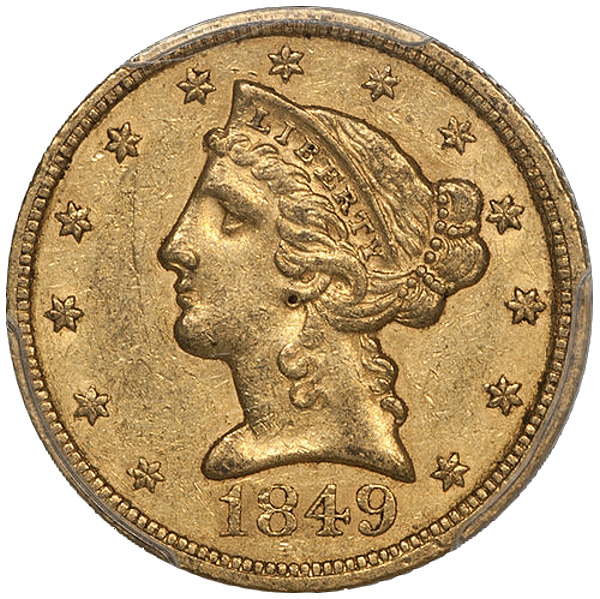 1849_ No Motto $5 Gold