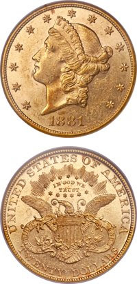 United States 1881 $20 double eagle gold coin. Images courtesy Heritage Auctions