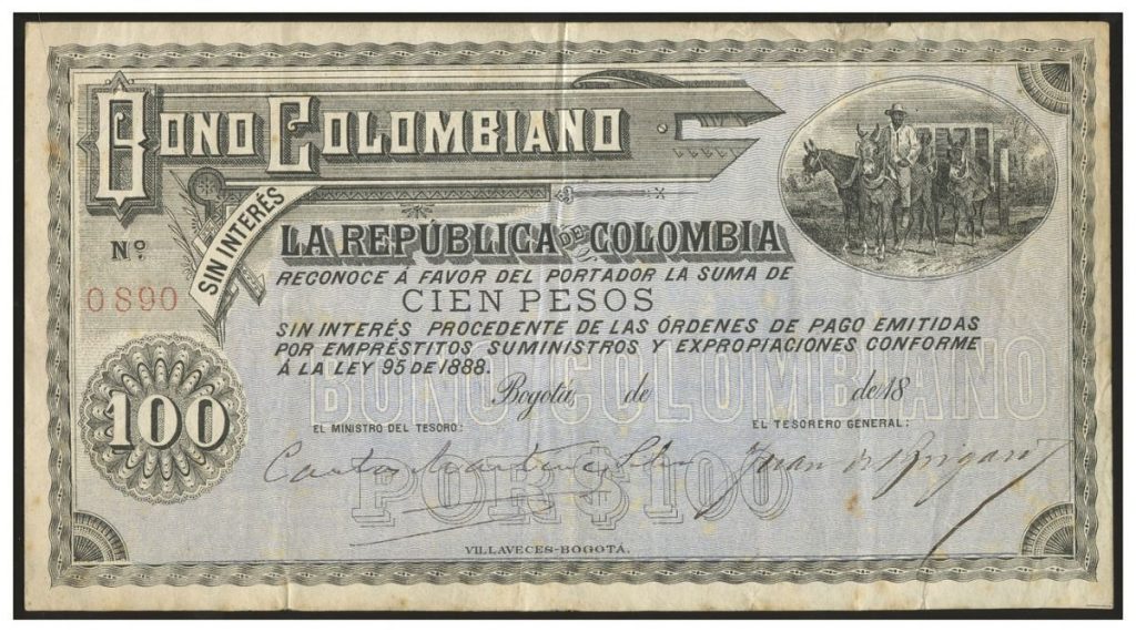 1889 100 pesos Colombian Bond. Image courtesy Daniel Frank Sedwick LLC