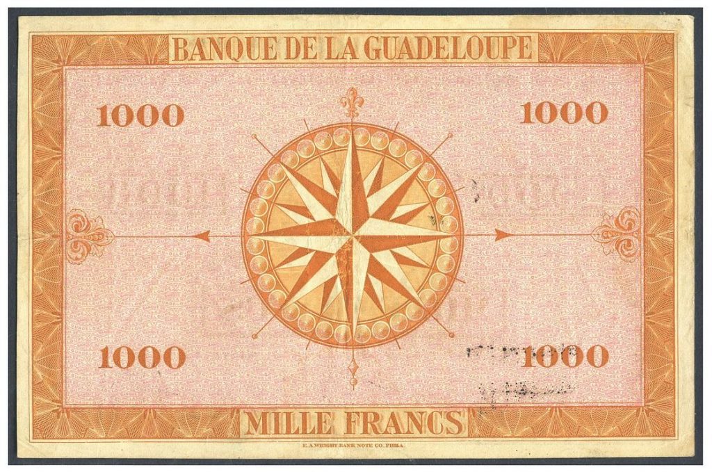 reverse, Guadeloupe 1,000 Francs banknote. Image courtesy Daniel Frank Sedwick LLC