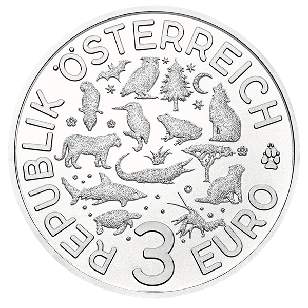 Reverse, Austria 2016 Colorful Creatures: The Bat 3 EuroGlow-in-the-Dark Coin. Image courtesy Austrian Mint