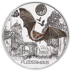 Gif showing the glow-in-the-dark effects on the Austrian 2016 Colorful Creatures: The Bat 3 Euro Glow-in-the-Dark Coin. Image courtesy Austrian Mint
