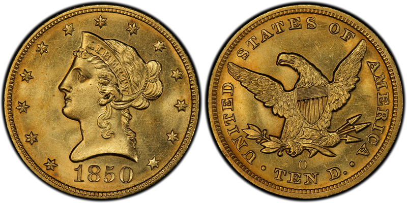 1850-O $10.00 PCGS MS64. IMAGE COURTESY OF COINFACTS