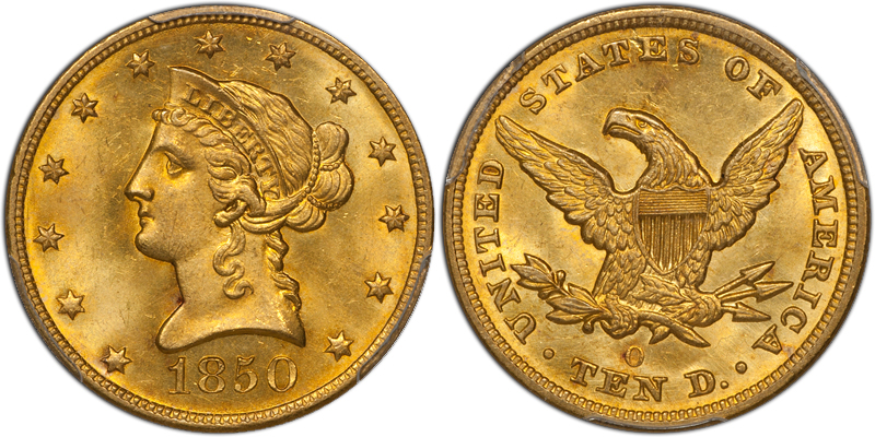 1850-O $10.00 PCGS MS65, EX ELIASBERG. Images courtesy Douglas Winter Numismatics