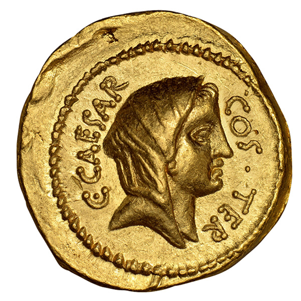 Obverse, Roman Gold Aureus of Julius Caesar. Image courtesy Atlas Numismatics