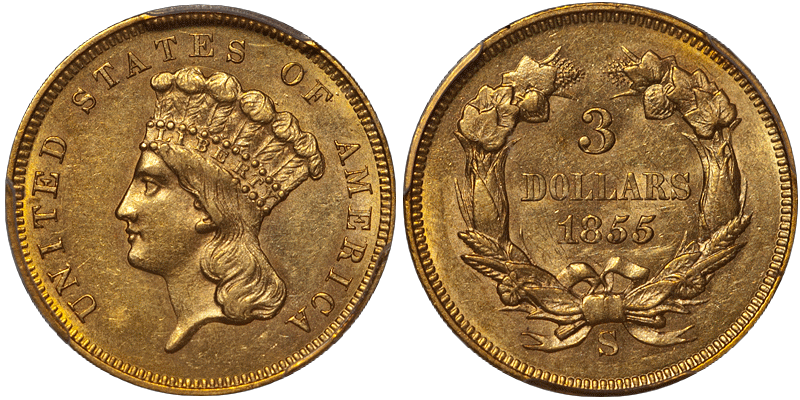 1855-S $3.00 PCGS MS61