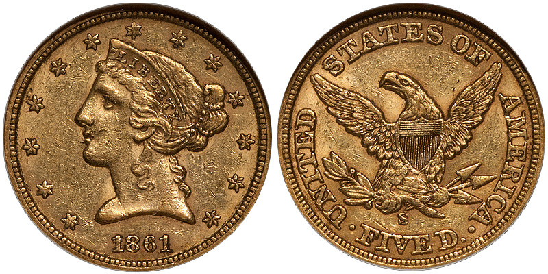 1861-S $5.00 NGC AU55 CAC