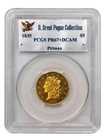 1835 $5 Gold Proof, ex: Pittman