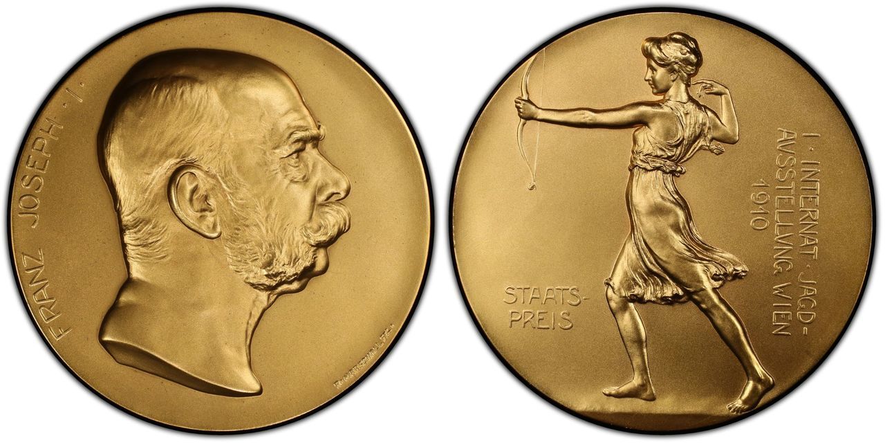 AUSTRIA. Franz Joseph I. 1910 Gilt Bronze Medal. PCGS SP68. 90mm. Bust of Franz Joseph / Diana with bow. Hauser-3131 Matte. Images courtesy Atlas Numismatics