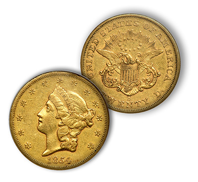 1854-S $20 Gold Coin NGC EF45. Image Source: Goldberg Auctioneers