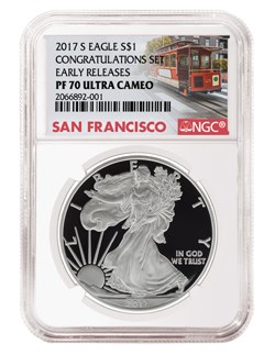 2017-S American Silver Eagle Proof coin in special San Francisco trolley label. Image courtesy NGC
