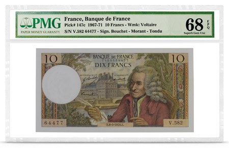 Front, France P-147c featuring Voltaire. Image courtesy PMG