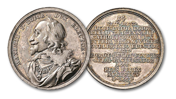 12 – 393. Bavaria. Maximilian I (1597-1623-1651). Suite medal no date (1766/7-1770) by Franz A. Schega. Rare. FDC. Estimate: 600 euros. Starting price: 360 euros