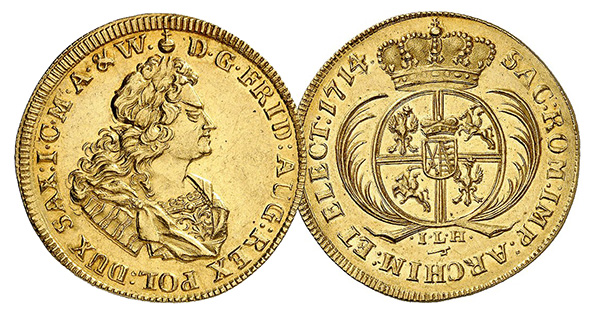 Saxony, Albertine Line. Friedrich August I, 1694-1733. 5 ducats 1714