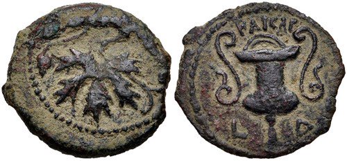 Tiberius year 4 prutah of Valerius Gratus. Images courtesy NGC