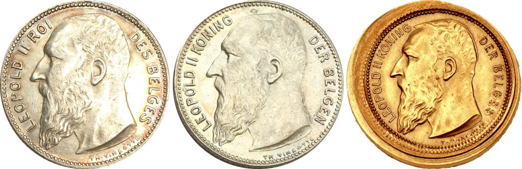1903 obverse (French) and 1904 obverse (Dutch) in silver, with gold overstrike. Images courtesy Mike Byers and Mint Error News