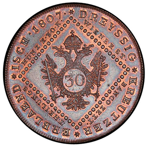 Reverse, Austria 1807-A Franz II 30 Kreuzer Copper Coin. Image courtesy Atlas Numismatics