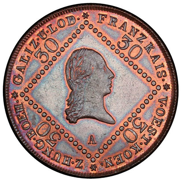 Obverse, Austria 1807-A Franz II 30 Kreuzer Copper Coin. Image courtesy Atlas Numismatics