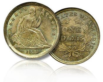 1838 dime with natural toning