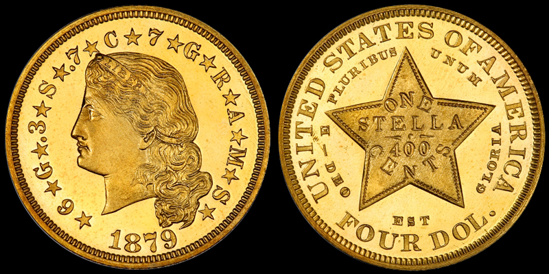1879 FLOWING HAIR $4.00 STELLA, COURTESY OF PCGS COINFACTS