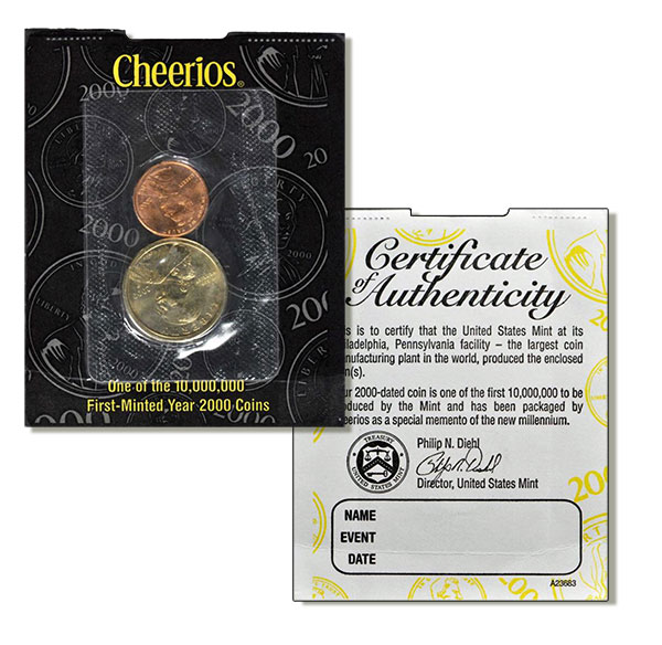 2000 Sacagawea dollar and 2000 cent - Cheerios Promotion in Original Blisterpack